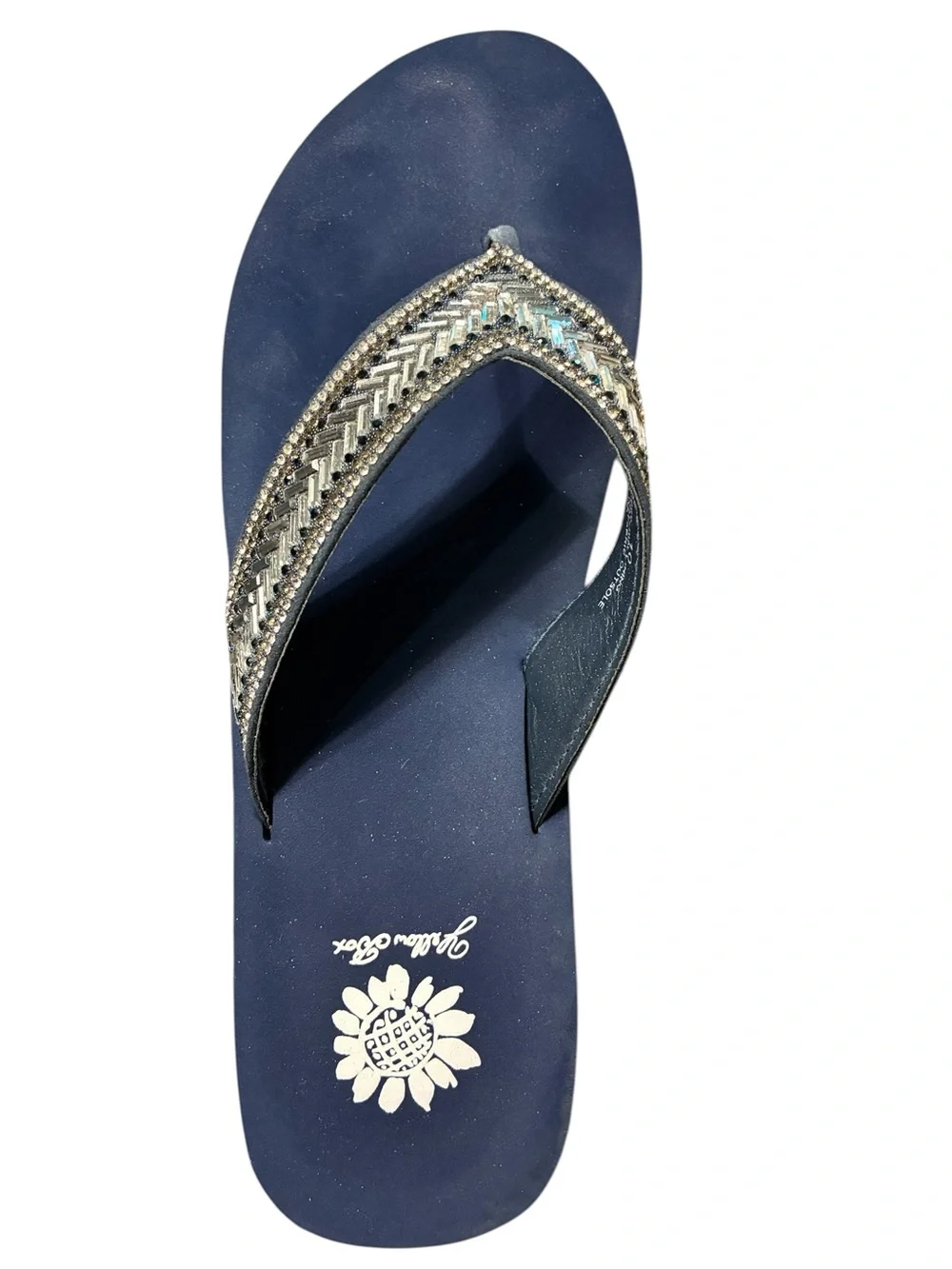 Yellow Box Skyllah Navy Blue Beaded Wedge Sandals Size 9 WORN ONCE - Picture 5 of 9